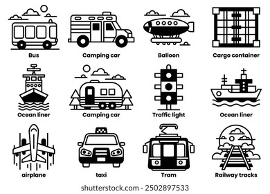 The image is a collection of various transportation icons, including airplanes, buses, trains, and boats