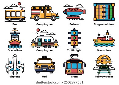 The image is a collection of various transportation icons, including airplanes, buses, trains, and boats