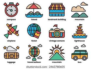 The image is a collection of various travel-related icons, including airplanes, boats, and cars. The icons are arranged in a grid, with some overlapping each other. Scene is that of a fun