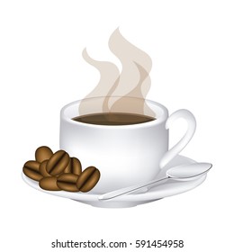 image color with hot cup of coffee serving on dish and coffee beans vector illustration