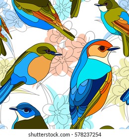 Image of colored birds with flowers on a white background pattern. Vector