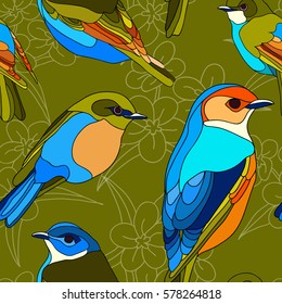 Image of colored birds with flowers on a green background, pattern. Vector