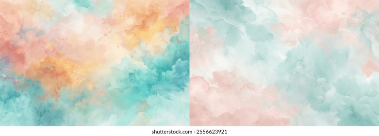 The image is a colorful abstract painting with a blue and green background. The painting is full of different shades of pink and orange, creating a vibrant and lively atmosphere