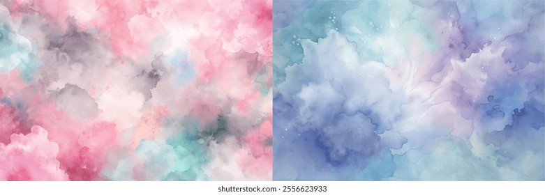 The image is a colorful abstract painting of two clouds with pink, blue, and green hues. The painting has a dreamy and whimsical mood, with the colors blending together to create a sense of movement