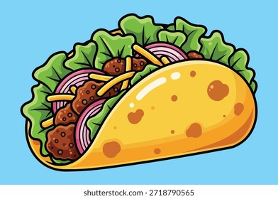 La Imagen es una Ilustración vectorial plana colorida y apetitosa de un burrito cargado o envoltura, que se muestra desde una vista frontal. La tortilla de color amarillo dorado se dobla en la parte inferior y se abre en la parte superior, revelando un relleno generoso: hojas de lechuga verde fresca que enmarcan los lados, carne marrón oscura (probablemente de res o pollo), queso amarillo rallado, rodajas de cebolla rosa o roja y toques de otras verduras o salsa. La tortilla tiene sutiles manchas marrones para un efecto a la parrilla o tostado y reflejos brillantes para la textura. La composición general es simple, centrada y deliciosa, destacando la naturaleza fresca y abundante de un burrito de estilo mexicano con ingredientes clásicos.