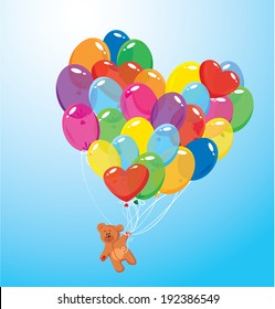 Image with colorful balloons in heart shape and teddy bear on sky blue background. Design for Birthday Invitation card.