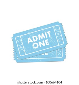 Image of a colorful, blue admit one ticket isolated on a white background.