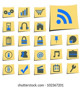 Image of colorful blue and gray icons on yellow notes isolated on a white background.