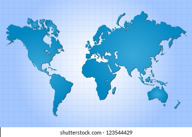 Image of a colorful, blue world map with a grid background.
