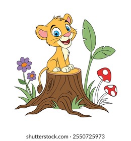 Imagen es una colorida ilustración de dibujos animados con un cachorro de león alegre y antropomórfico sentado en el tocón de un árbol. El cachorro de león tiene un pelaje naranja brillante, un hocico beige claro y Grande.