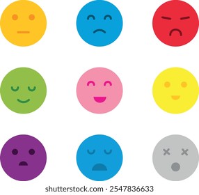Image of colorful circular faces, each with different facial expressions. The faces depict a range of emotions such as happiness, sadness, surprise, anger, and more. 