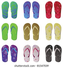 Image of colorful flip flop sandals isolated on a white background.