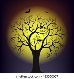 Image of a colorful night scene with tree and bat silhouettes against a bright moon. Halloween, castle black against the moon, vector illustration