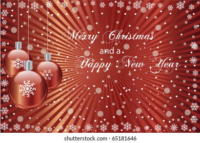 Image of a colorful red Christmas scene with snowflakes, ornaments and editable text.