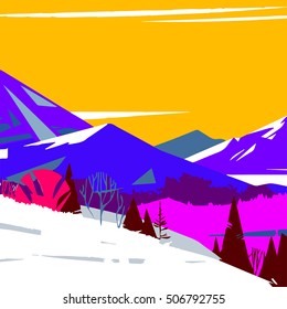 image of colorful stylized mountains with trees