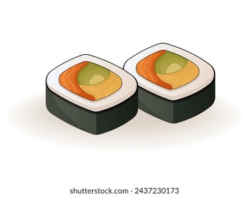Image of colorful sushi sticker. This illustration brings the essence of sushi to life with its vibrant colors and playful design on a white background. Vector illustration.