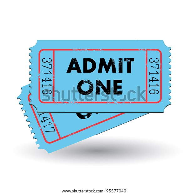 Image of a colorful, vintage admit one ticket\
isolated on a white\
background.
