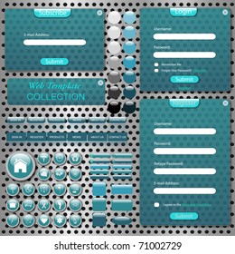 Image of a colorful web template with bars, buttons, icons, chat bubbles and transparent forms against a metallic background.