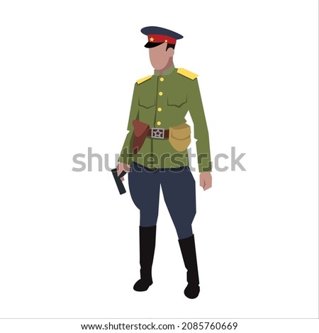 The image of the commander of the Red Army in the uniform of 1943 with a pistol in his hand. Blue trousers and a blue cap. NKVD or counterintelligence officer SMERSH