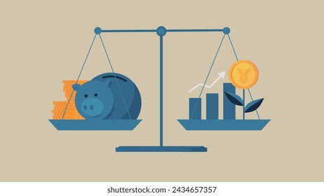 An image comparing savings and investment. There is a piggy bank on the scale. On one side there is a bud with a yen coin growing out of it.