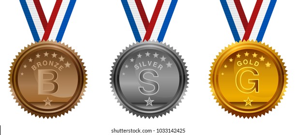 An image of a Competition Bronze Silver Gold Medals Set with ribbon lanyard.