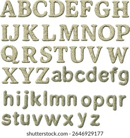 Imagem de um conjunto completo de alfabetos ingleses, apresentando letras maiúsculas de A a Z e letras minúsculas de A a z, com textura de areia ou arenito em tom bege ou cinza claro