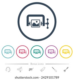 Image compression flat color icons in round outlines. 6 bonus icons included.