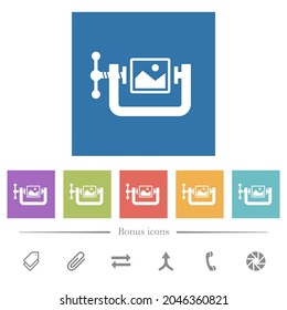 Image compression solid flat white icons in square backgrounds. 6 bonus icons included.