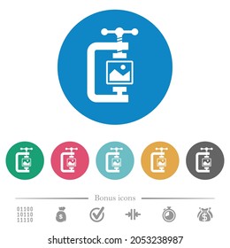 Image compression solid flat white icons on round color backgrounds. 6 bonus icons included.