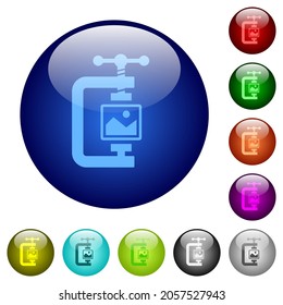 Image compression solid icons on round glass buttons in multiple colors. Arranged layer structure