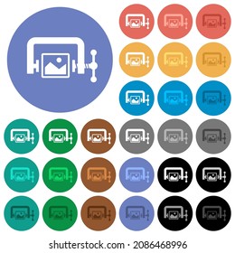 Image compression solid multi colored flat icons on round backgrounds. Included white, light and dark icon variations for hover and active status effects, and bonus shades.