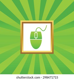 Image of computer mouse in golden frame, on green abstract background