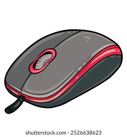 An image of a computer mouse. It has a cord, indicating that it is a wired mouse. The design includes two main buttons and a scroll wheel.