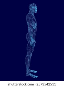 The image is a computer-generated representation of a human body, with a blue torso and legs. The body is standing upright, with its arms extended out to the sides