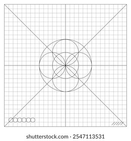 Imagem de círculos concêntricos formando um padrão complexo na interseção de linhas retas na folha de caderno de papel quadriculado. Folha de papel escolar forrada em gaiola desenho matemático de círculos concêntricos