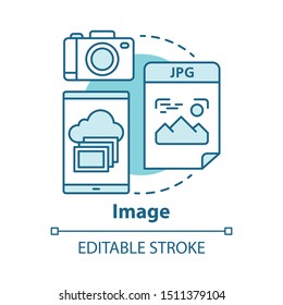 Image concept icon. Visual information idea thin line illustration. Pictures and photos. Files storage. Albums, photobooks and collages. Photographing. Vector isolated outline drawing. Editable stroke