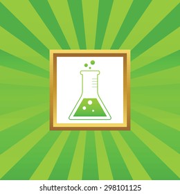 Image of conical flask in golden frame, on green abstract background