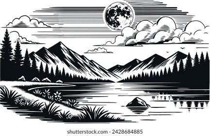 An image consisting of high mountains, pine trees, and a beautiful lake, accompanied by day and night.