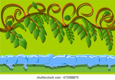An image consisting of two horizontal objects. The first object is a branch with leaves, and the second object is a strip of ice.