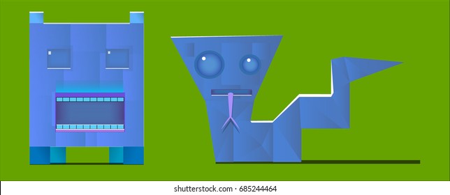 An image consisting of two images in the form of living beings or animals. One character opens his mouth and shows his teeth, he stands on four paws. The second character is a snake.