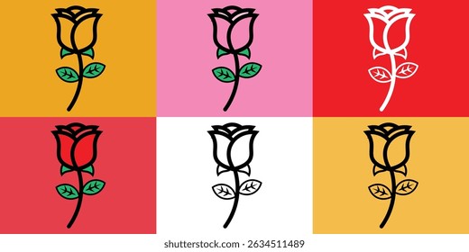 The image consists of a 2x3 grid featuring six stylized rose illustrations, each with a different background color and color scheme