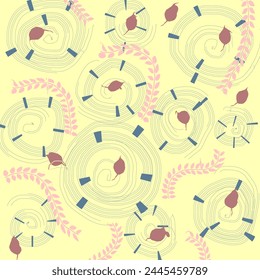 The image consists of an abstract background in soft colors, it has leaves in pink tones, and circles in dull blue tones
