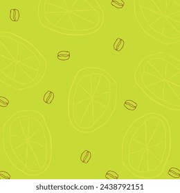 the image consists of a background with a pattern with coffee beans and lemon slices, both line drawing without fill