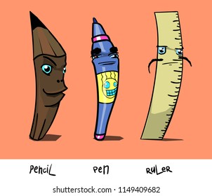 The image consists of cartoon characters and three words. Among them there is a pencil, a pen and a ruler.