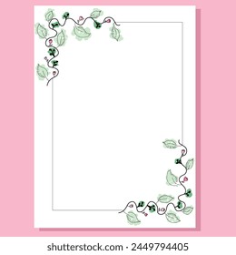The image consists of a decorated border for a vertical card, the border has a vine with leaves and flowers, painted with a watercolor effect in soft colors