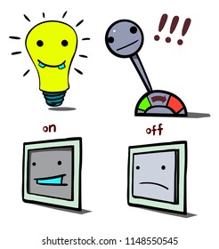 The image consists of four cartoon objects. Among them there is a switch, a light bulb and a lever.