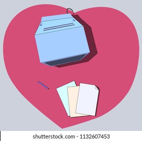 The image consists of a large heart. On it lie sheets of paper, a pen and there is a monitor.
