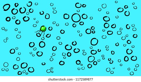 The image consists of many circles. Among them there is a green object with tails.