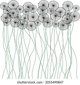 The image consists of many dandelions on slender stems.
