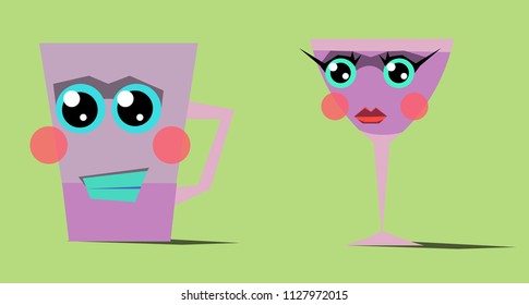 The image consists of a mug, a glass and faces made on these objects.